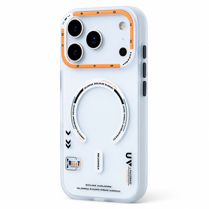 Husa pentru Apple iPhone 17 Pro, MagSafe, Design Retro Futurist, Spate Mat Translucid, Protectie Antisoc, Alb Mat/Portocaliu
