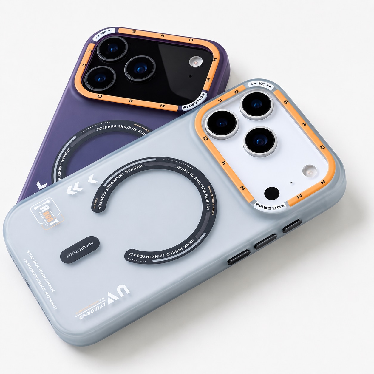 Husa pentru Apple iPhone 17 Pro, MagSafe, Design Retro Futurist, Spate Mat Translucid, Protectie Antisoc, Alb Mat/Portocaliu