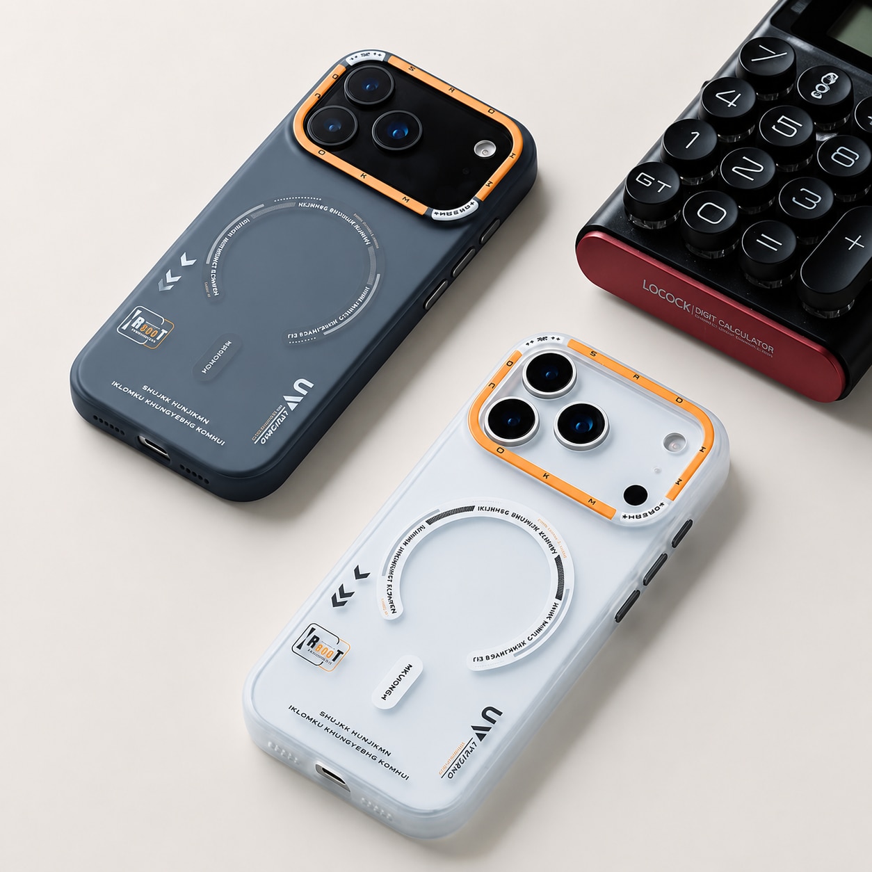 Husa pentru Apple iPhone 17 Pro, MagSafe, Design Retro Futurist, Spate Mat Translucid, Protectie Antisoc, Alb Mat/Portocaliu