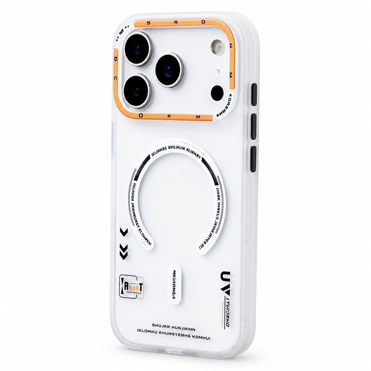 Husa pentru Apple iPhone 17 Pro Max, MagSafe, Design Retro Futurist, Spate Mat Translucid, Protectie Antisoc, Alb Mat/Portocaliu