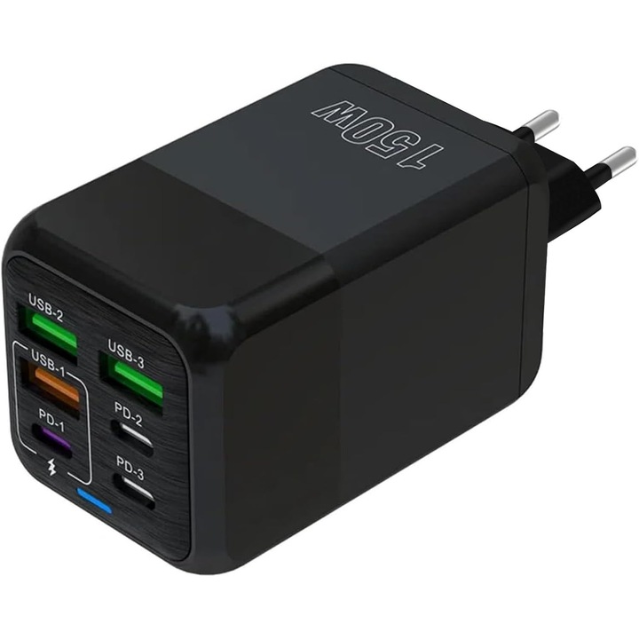 Зарядно устройство, USB C, 150W, 6 порта (3 PD Type C + 3 QC USB A), станция за бързо зареждане, съвместима с iPhone 11/12/13/14/15/XS/XR/8/iPad