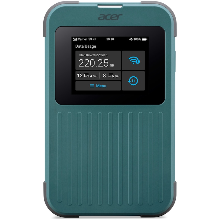 Безжичен рутер Acer Connect M4 5G Mobile Wi-Fi, IP68, MIL-STD-810H, 5G NR & 4G LTE, Wi-fi 6E 2x2 MIMO, 2.4” цветен LCD тъчскрийн, Максимум 16 свързани потребителя, 8000mAh батерия, USB-C 3.0, Зелен