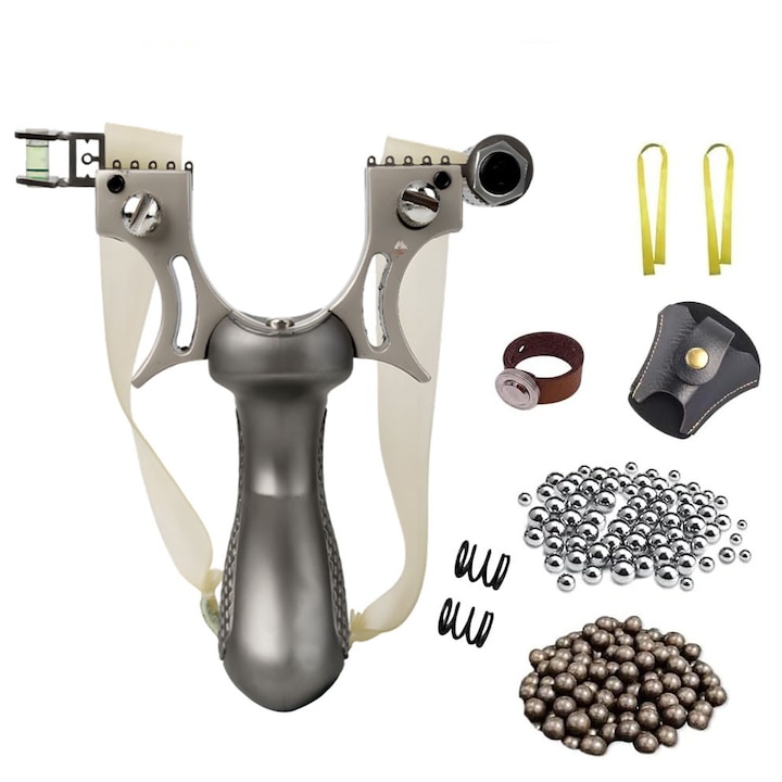 Set prastie profesionala pentru vanatoare, Cu 2 curele, 100x Bile de otel si 200x Bile de lut incluse, Maro