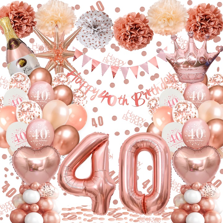 Комплект балони за 40-ти рожден ден, розово злато, банер, триъгълно знаме, декорации за 40-ти рожден ден, парти декорации, латекс, балони сърце, корона и цифри, конфети, хартиени помпони