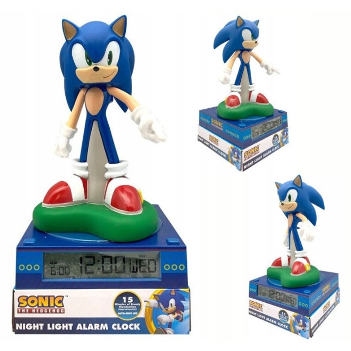 3D Éjjeli lámpa gyerekeknek Sonic, Euroswan, 22,5x13,5x13cm, ébresztővel, elemes