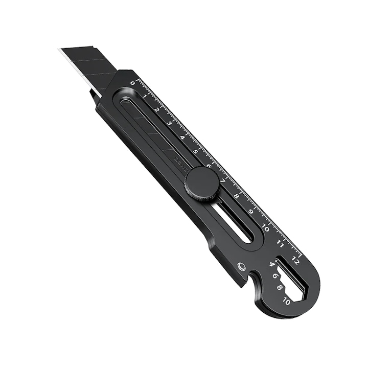 Cutter multifunctional 6 in 1 NEXTLY, rigla, desfacator capace/conserve, surubelnita, chei hexagonale pentru insurubat/desurubat piulite, otel inoxidabil, 15.5x2.5cm, negru