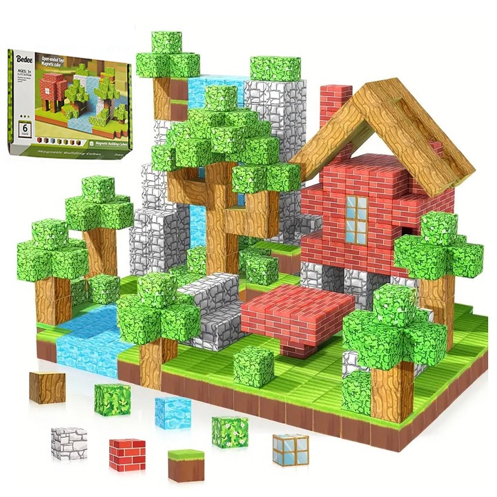 Set de Constructie Magnetic 100 de Piese, Bedee, 3D, Cuburi, Dimensiune individuala patrata 2cm, Numeroase Posibilitati de Construit Creativ, Intra in lumea virtuala, Activitati Senzoriale, 3 ani+, Multicolor