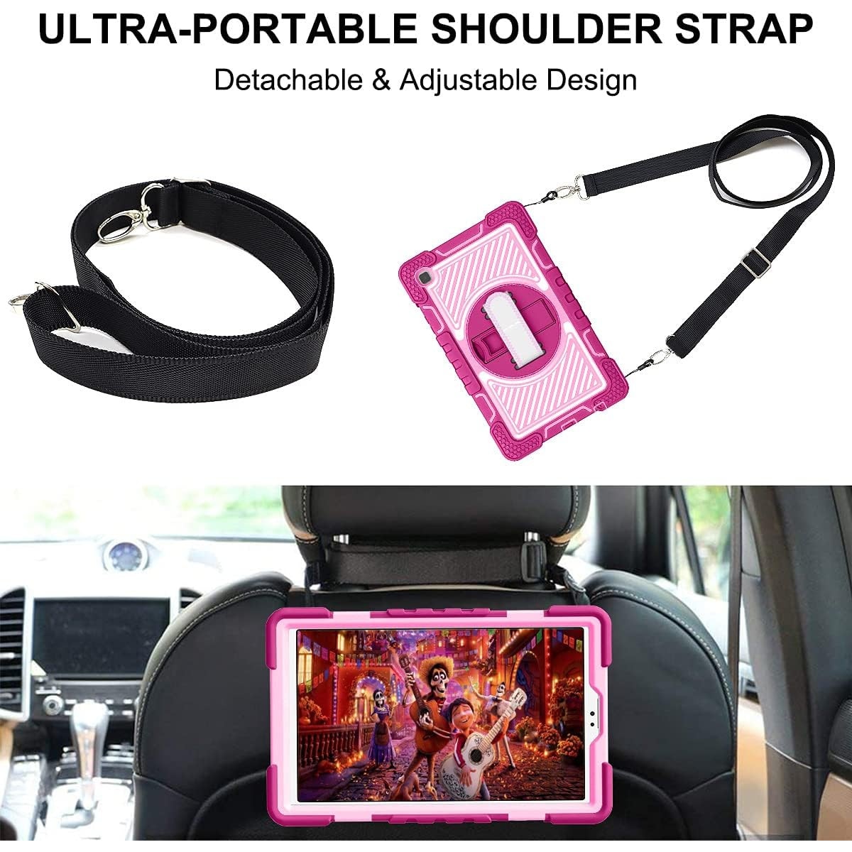 Husa Sigloo pentru Samsung Galaxy Tab A7 Lite(SM-T220/T225), 8.7", curea de umar, stand, curea de mana, rosu trandafiriu cu roz