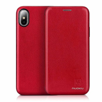Husa flip din Piele Naturala, Nuoku Royal pentru iPhone X, rosu Husa flip din Piele Naturala, Nuoku Royal pentru iPhone X, rosu
