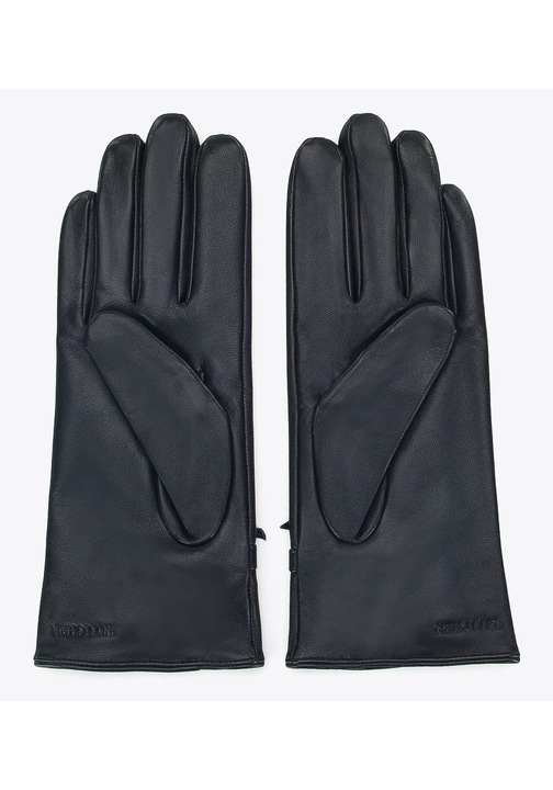 Manusi de dama din piele cu funda si cusaturi, piele naturala neagra, marimea L