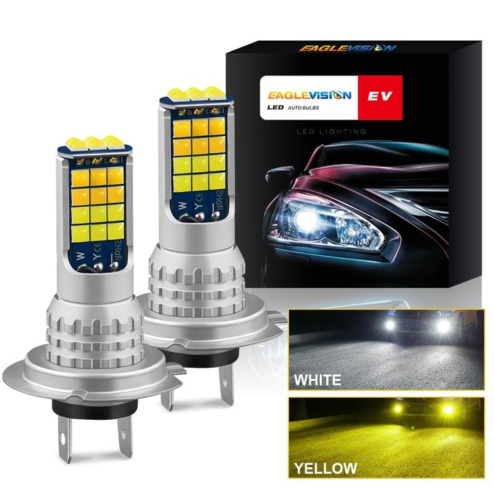 Set 2 Becuri Auto LED H7 90W 8500Lm Fehér 6000K és Sárga Fénnyel, Vízálló IP65 – Fabrilux®