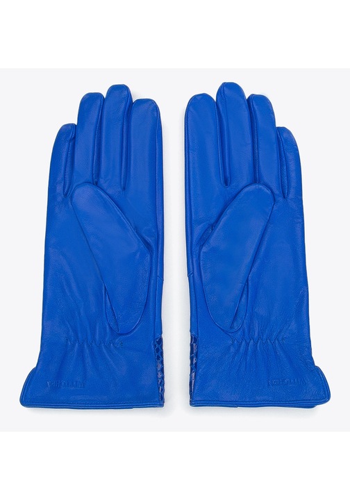 Manusi de dama din piele cu insertie textura din piele exotica, albastre, piele naturala, albastru L