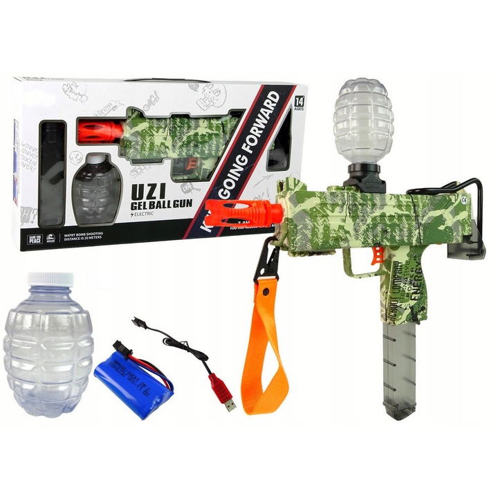 Pistol cu bile gel UZI automat, verde moro, 2 magazine, 5000 bile