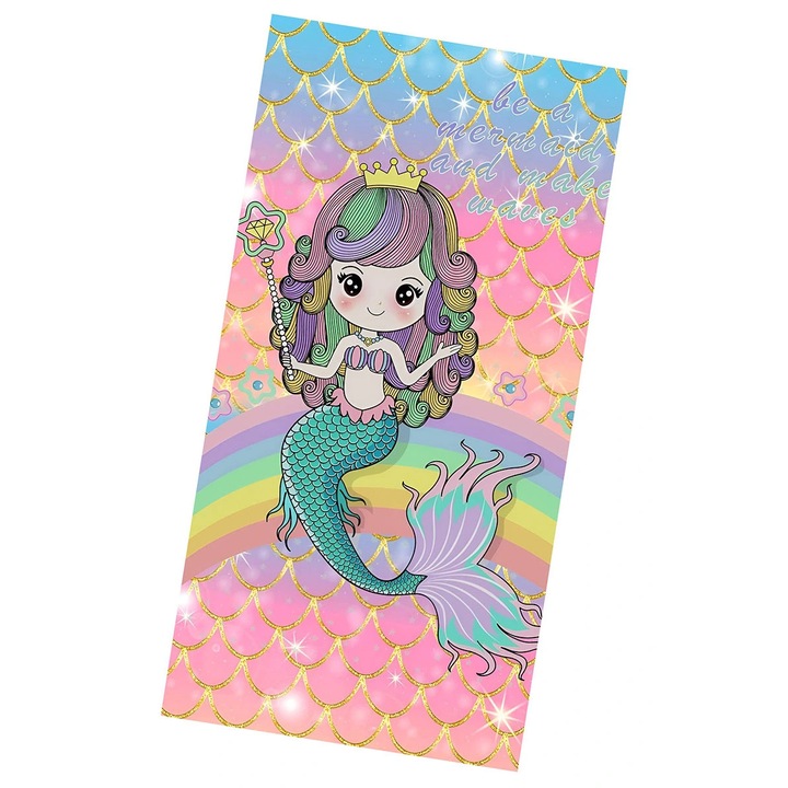 Prosop de plaja, model Printesa sirena cu curcubeu, 70x140cm, multicolor