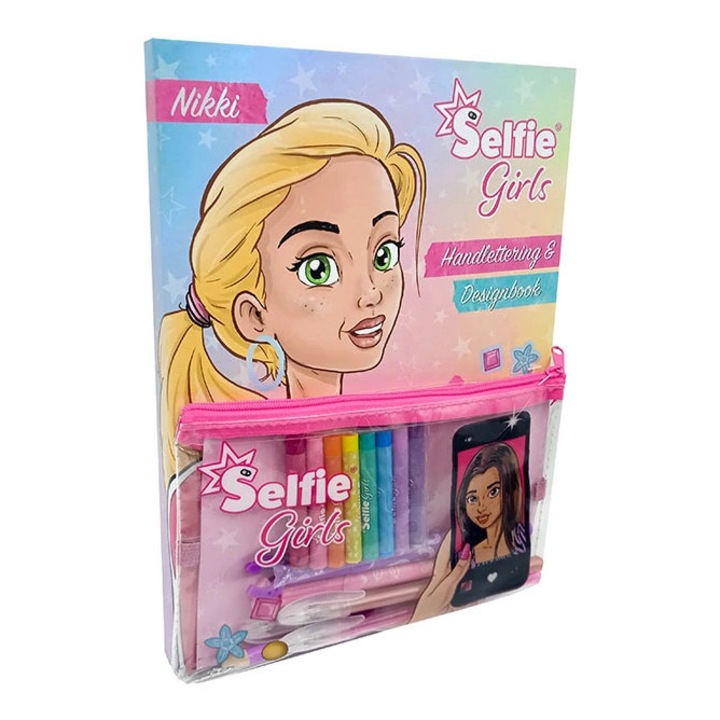 Set creativ Selfie girl cu creioane, 72 pagini, multicolor, 26x20x3cm