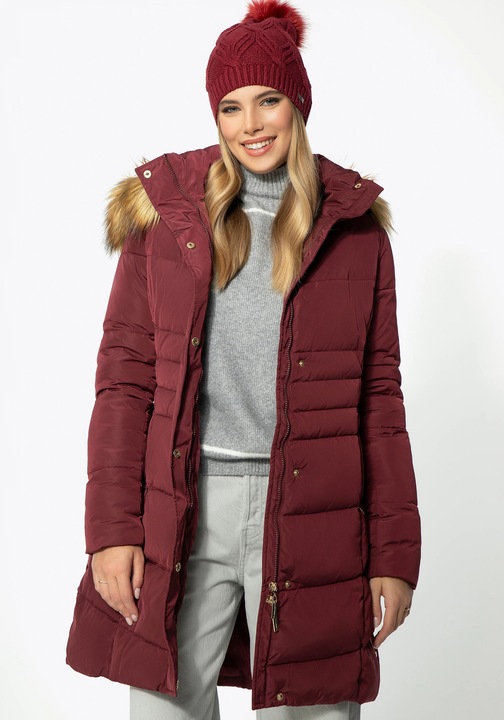 Geaca matlasata dama Wittchen, gluga cu blana detasabila, visiniu, poliester