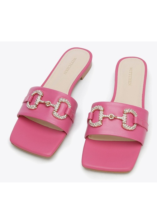 Slapi dama Wittchen, piele naturala, toc jos, catarama cu cristale, roz