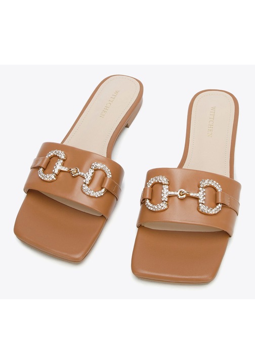 Slapi dama Wittchen, piele naturala, toc mic, catarama cu cristale, maro