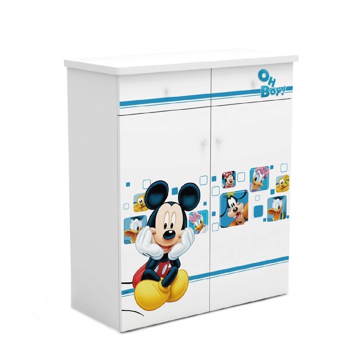 Comoda copii 2 usi 2 sertare Mickey Mouse, 80 x 120 cm, PAL melaminat, Alb