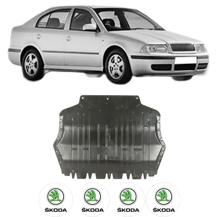 Scut motor SKODA OCTAVIA I (1U2) din 1996-2010, protectie auto, plastic, 4x Stickere auto cu SKODA