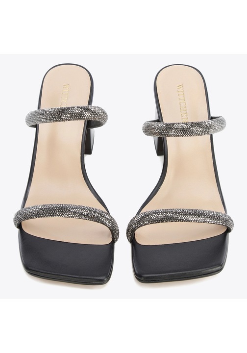 Papuci dama Wittchen, piele naturala, cu toc gros, bretele subtiri cu cristale, negru