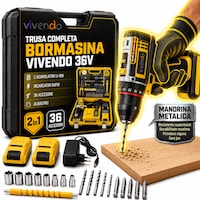 Bormasina cu Acumulator Vivendo®, 36V, 2 Acumulatori Li-Ion, Incarcator Rapid 1h, 18 Trepte Cuplu, 25Nm, 2000 RPM, Mandrina 10mm, LED, 36 Accesorii, Geanta Transport, Galben