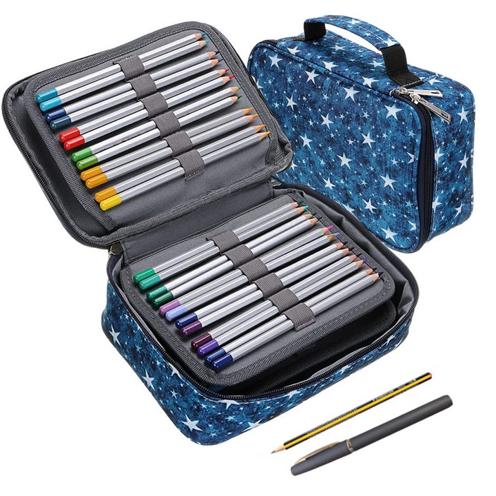 Penar scolar, PRESOMA, 22.5x15.5x7 cm, Albastru, 3 compartimente