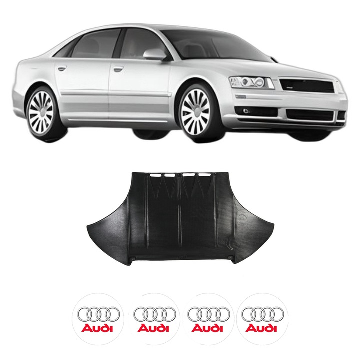 Scut motor AUDI A8 D3 (4E2, 4E8) din 2002-2010, protectie auto, plastic, 4x Stickere auto cu AUDI