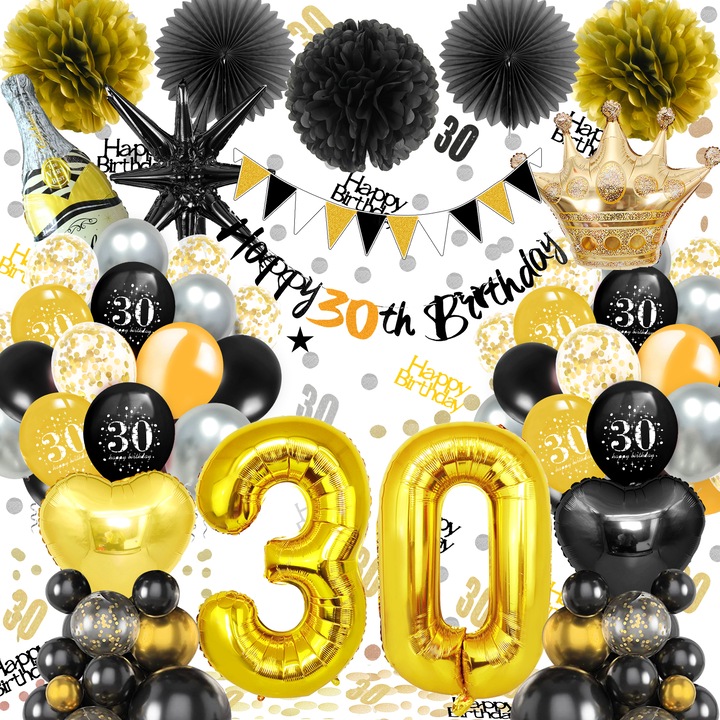 Комплект балони за 30-ти рожден ден, черен и златен, банер, флагче, декорации за 30-ти рожден ден, декорации за парти, латекс, балони сърце, корона и цифри, конфети, хартиени помпони