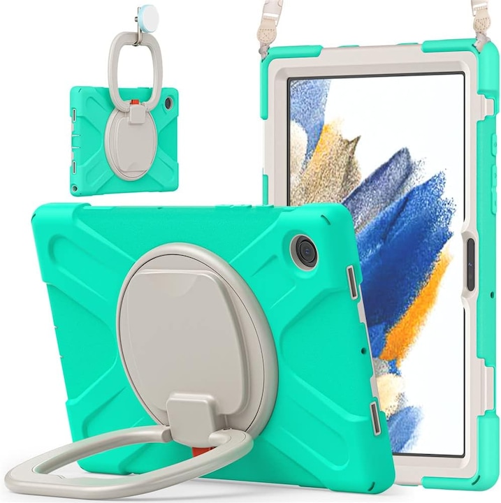 Husa Shockproof Armor pentru Samsung Galaxy Tab A7 Lite(SM-T220/T225), 8.7", Sigloo, Curea Umar, Protectie 360, Verde menta