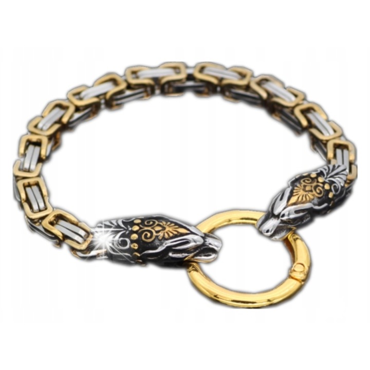 Bratara pentru barbati, simboluri nordice, aurie-silver, 21-21,5 cm