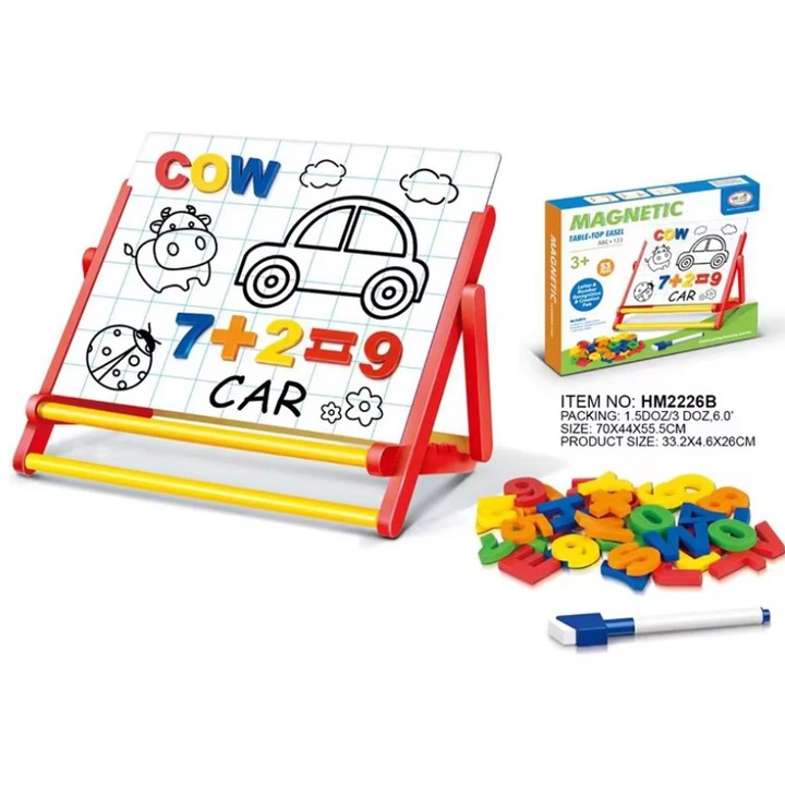 Tablita magnetica pe suport, 53 de piese – litere si cifre magnetice cu marker, rosie