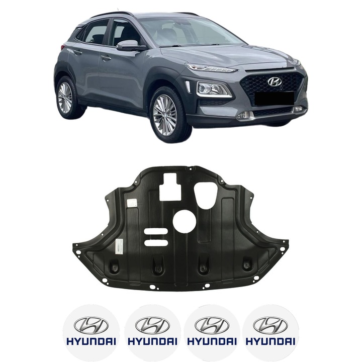 Scut motor HYUNDAI KONA (OS, OSE, OSI) din 2017-2023, protectie auto, plastic, 4x Stickere auto cu HYUNDAI