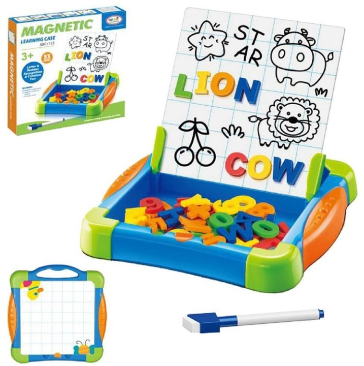 Tablita magnetica pe suport, litere si cifre magnetice cu marker, 53 de piese, albastra