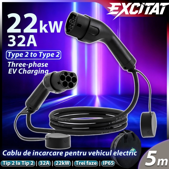 Cablu de incarcare pentru vehicul electric, Excitat®, Tip 2 la Tip 2, 32A, 22kW, 5m, trei faze, impermeabil IP65, rezistent la ploaie si praf, pentru interior si exterior, compatibil cu majoritatea vehiculelor, cu geanta de transport