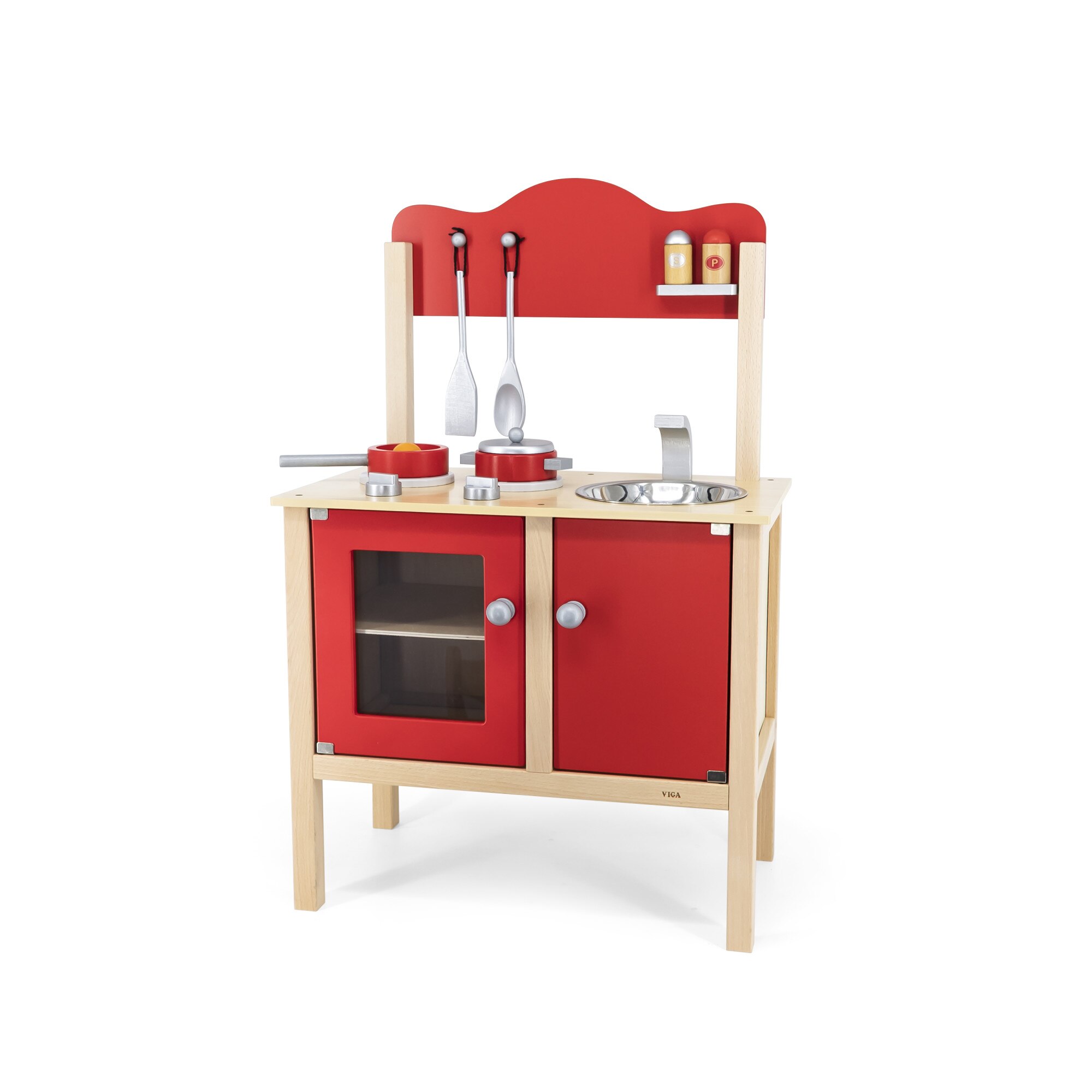 Bucatarie rosie din lemn cu accesorii