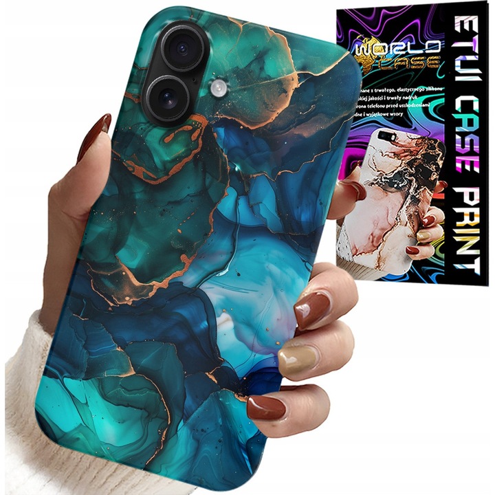 Telefontok, World Case, iPhone 16, kék-zöld, szilikon, márvány design