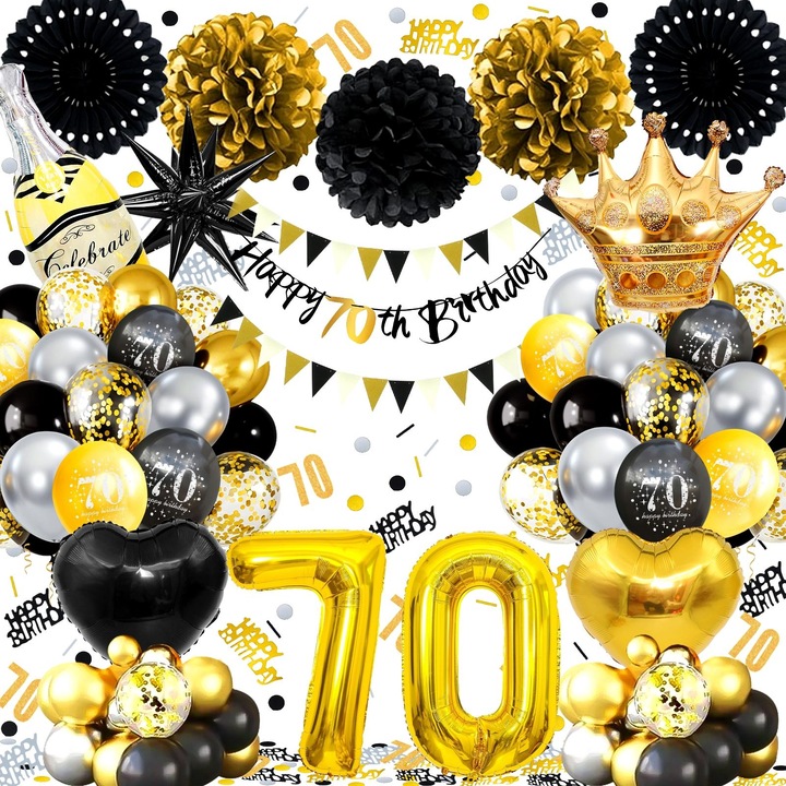 Комплект балони за 70-годишнина, черен и златен, банер, флагчета, декорации за 70-годишнина, декорации за парти, латекс, балони сърце, корона и цифри, конфети, хартиени помпони