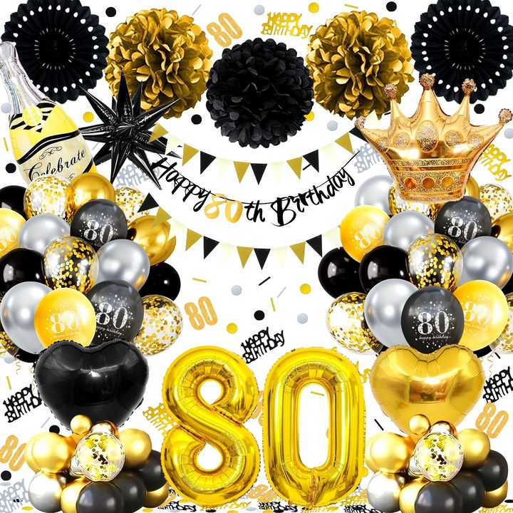 Комплект балони за 80-ти рожден ден, черно и златно, банер, флагчета, декорации за 80-ти рожден ден, парти декорации, латекс, балони сърце, корона и цифри, конфети, хартиени помпони