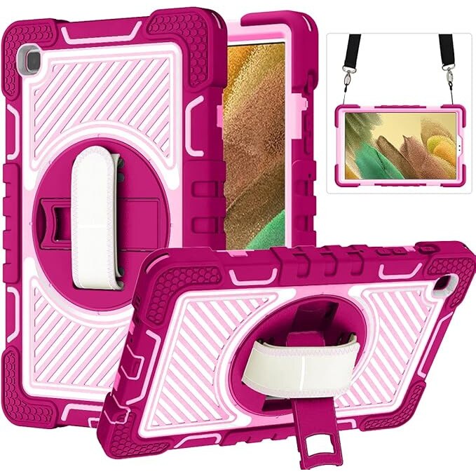 Husa Sigloo pentru Samsung Galaxy Tab A7 Lite(SM-T220/T225), 8.7", curea de umar, stand, curea de mana, rosu trandafiriu cu roz