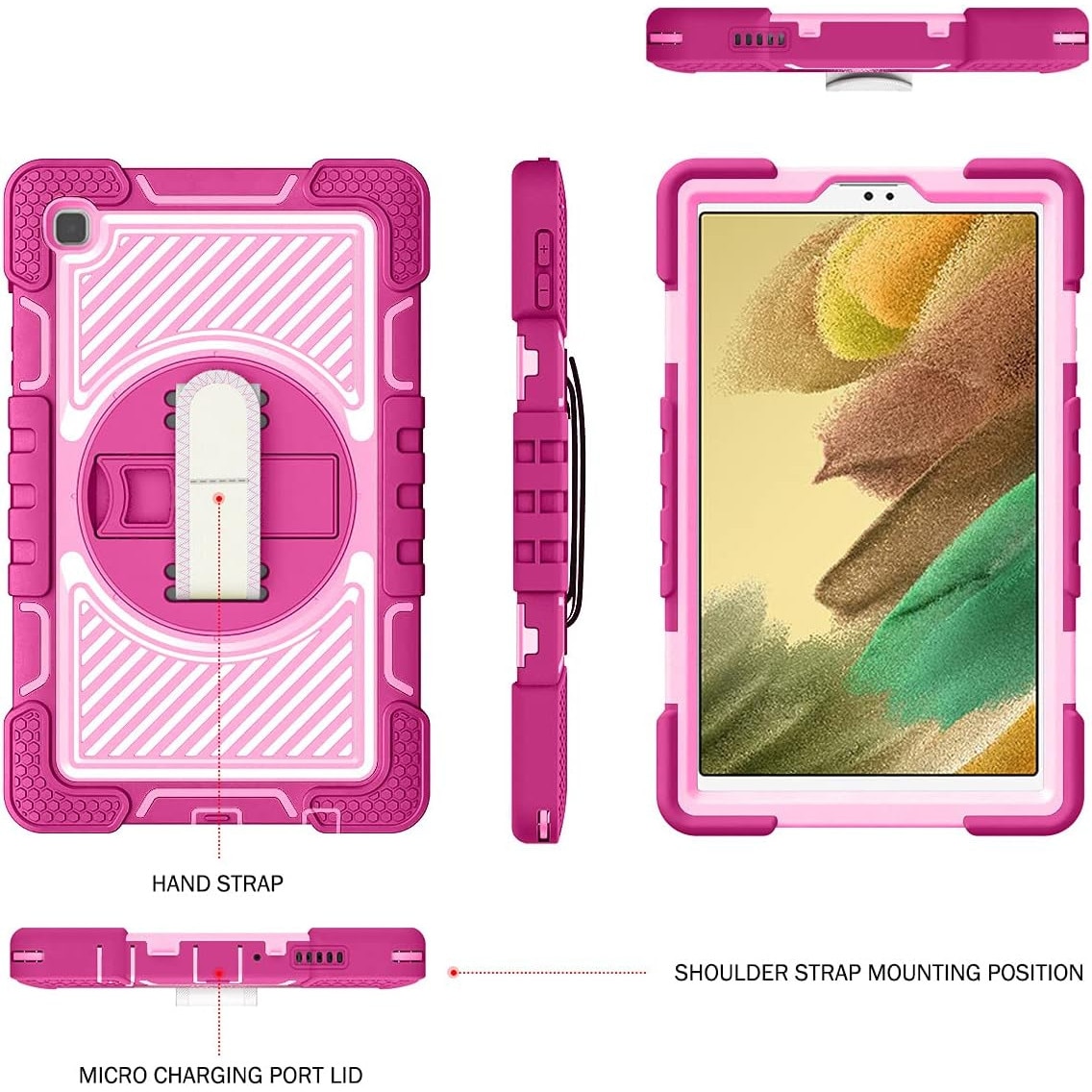 Husa Sigloo pentru Samsung Galaxy Tab A7 Lite(SM-T220/T225), 8.7", curea de umar, stand, curea de mana, rosu trandafiriu cu roz