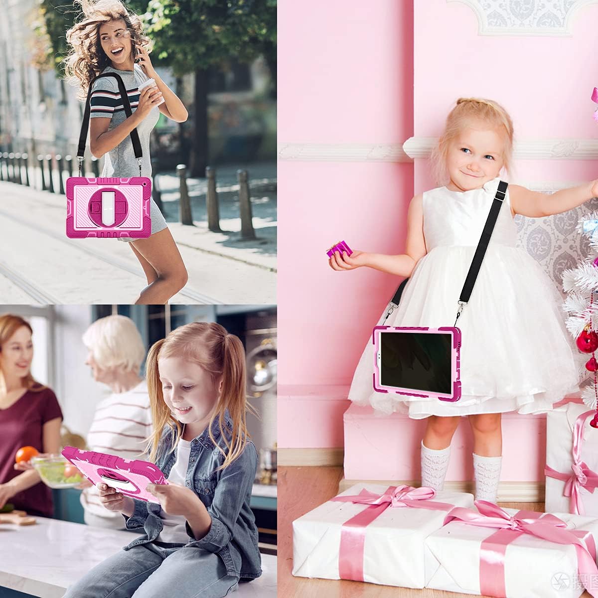 Husa Sigloo pentru Samsung Galaxy Tab A7 Lite(SM-T220/T225), 8.7", curea de umar, stand, curea de mana, rosu trandafiriu cu roz