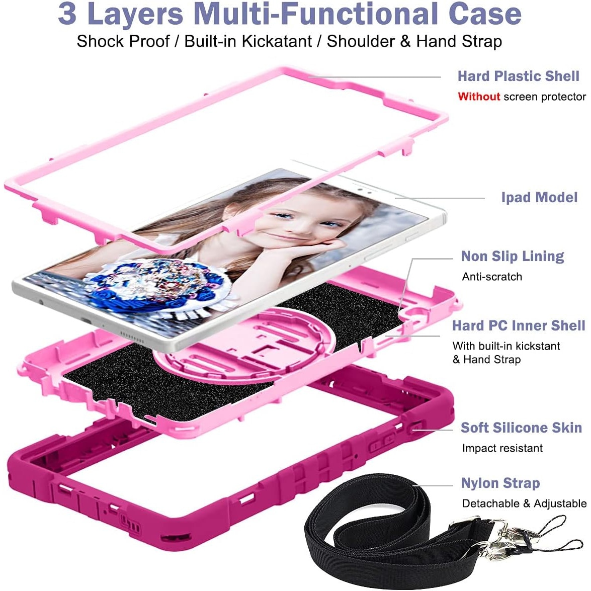 Husa Sigloo pentru Samsung Galaxy Tab A7 Lite(SM-T220/T225), 8.7", curea de umar, stand, curea de mana, rosu trandafiriu cu roz