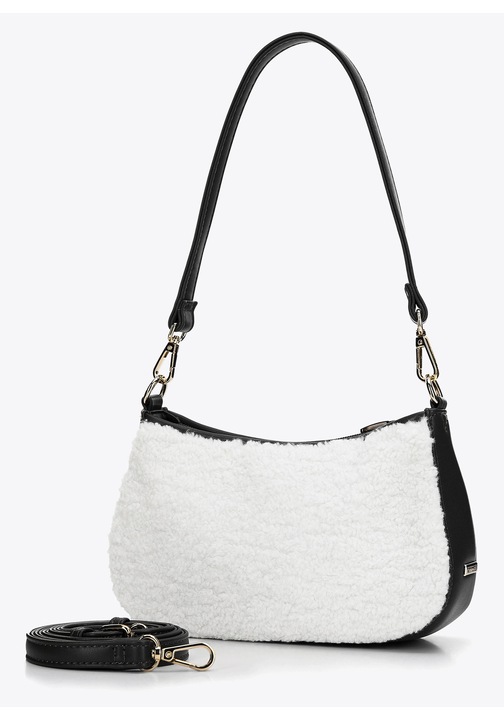 Geanta dama WITTCHEN, bagheta mica, ecologica, crem-neagra, cu fasie din blana artificiala, cu doua compartimente.