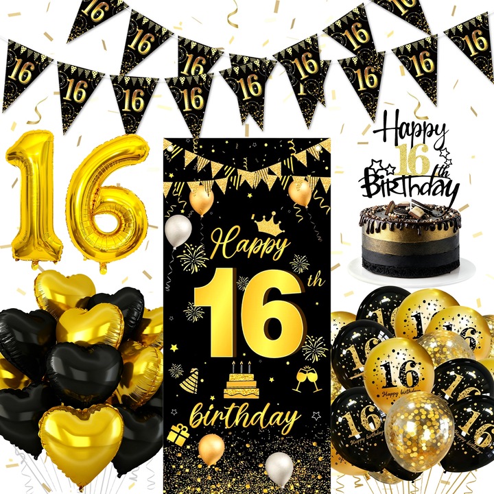 Комплект балони за 16-ти рожден ден, черно и златно, флагове, фон, декорации за 16-ти рожден ден, декорации за парти, латекс, балони със сърца и цифри, декорации за торта