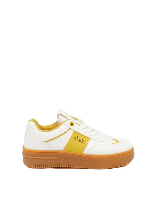 ALV by Alviero Martini, Pantofi sport wedge din piele ecologica cu logo Novara Chic, Alb/Galben, 36