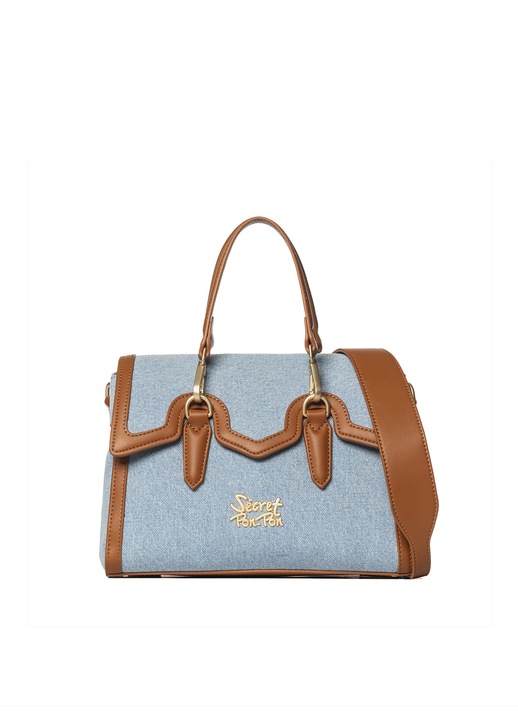 SECRET PON PON., Geanta crossbody din denim cu garnituri din piele ecologica Valoria Chic, Maro cognac, Bleumarin