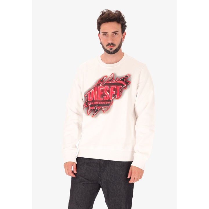 Diesel, Bluza de trening cu imprimeu logo si decolteu la baza gatului, Alb