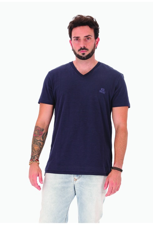Diesel, Tricou cu decolteu in V si logo discret, Albastru