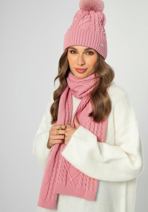 Caciula dama WITTCHEN cu pompon si perle, roz, 50% viskoza, 29% poliester, 21% nylon